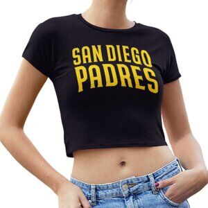 NEW San Diego Padres Spellout Team Color Pop Form Fit Crop Top Shirt BLACK